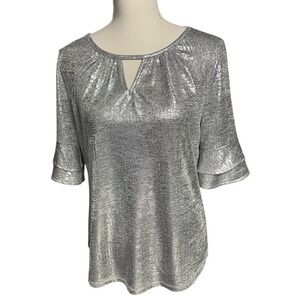 7th Avenue Design NY & Co Silver Shimmer Keyhole Opening Blouse Women's Medium